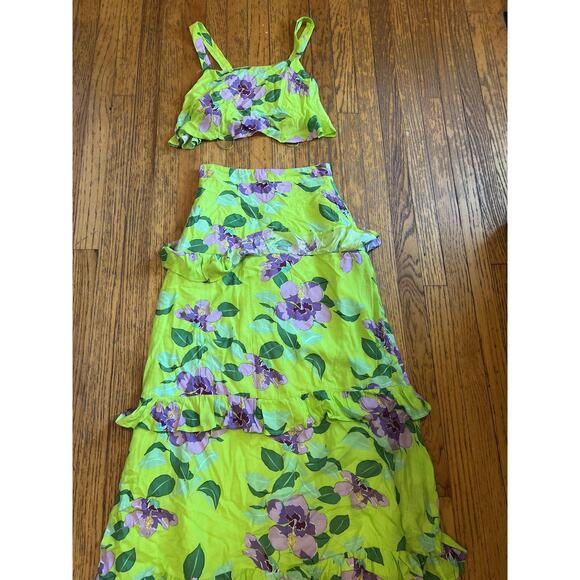 BTFL-life 2 Piece Set Womens XS Floral Ruffle Tiered Maxi Skirt Crop Top Green - Picture 1 of 8